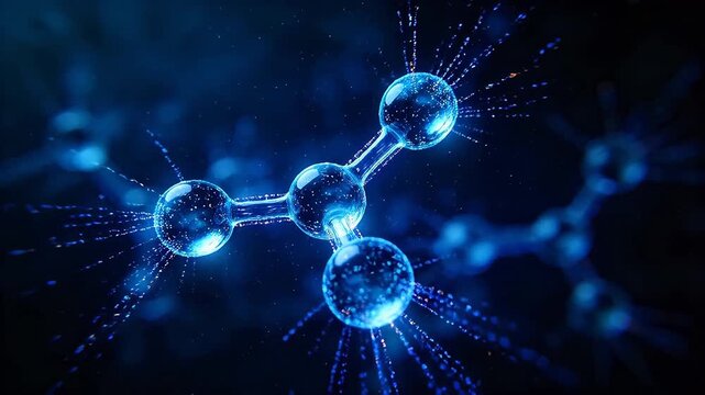 Blue glowing atomic structure with spheres and radiating light