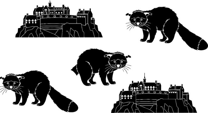 Silhouette illustrations of black cats in various poses.