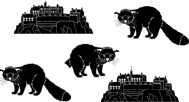 Silhouette illustrations of black cats in various poses.