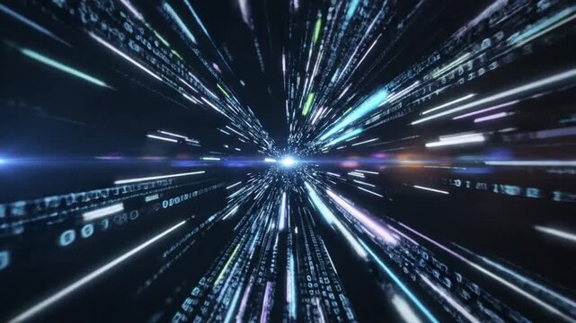 3D binary code streaming towards a central light burst.
