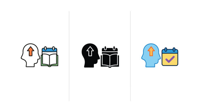 Profile head with upward arrow and open book calendar signifying personal growth knowledge and time management illustration
