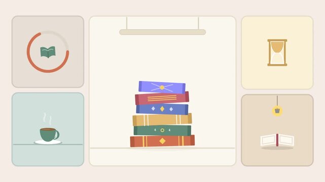 Animated sequence of books stacking with educational icons