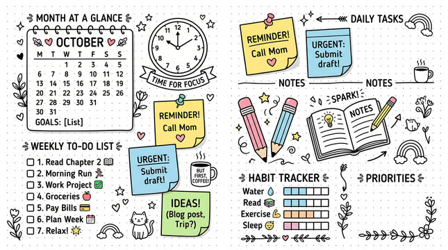 October monthly planner with colorful stickers and notes on white background