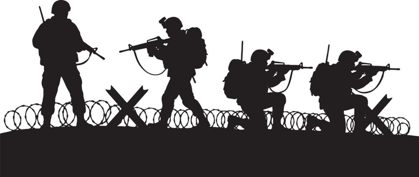 Silhouette illustration of a group of four modern military soldiers in tactical gear with rifles, navigating a battlefield with barbed wire and anti-tank obstacles on a white background.
