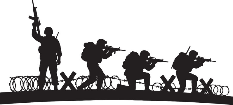 Black silhouette illustration of four military soldiers in tactical gear advancing through a battlefield featuring barbed wire and anti-tank traps, holding assault rifles.
