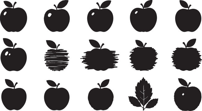 Collection of fifteen black apple silhouettes and fruit icons featuring various graphic styles including solid shapes, sketched lines, and textured edges on a white background.