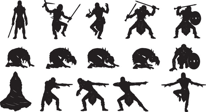 Silhouette collection of fantasy warrior characters and monsters including knights with swords and shields, crawling ghouls, and figures in various dynamic martial arts and combat poses.