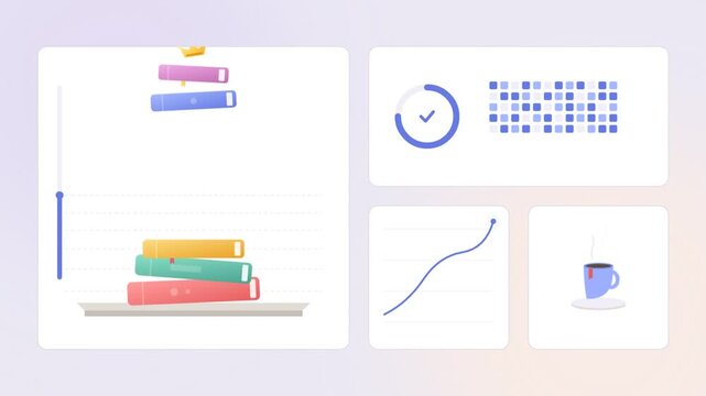 Education dashboard ui with stacking books and progress charts