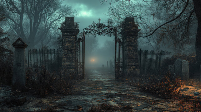 Creepy graveyard gate with rusted iron bars and twisted designs stands under eerie foggy sky, surrounded by bare trees and old tombstones, evoking mysterious and haunting atmosphere