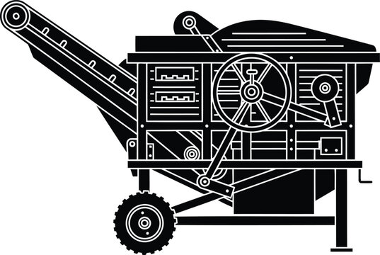 Vintage farm grain threshing machine agriculture process vector artwork
