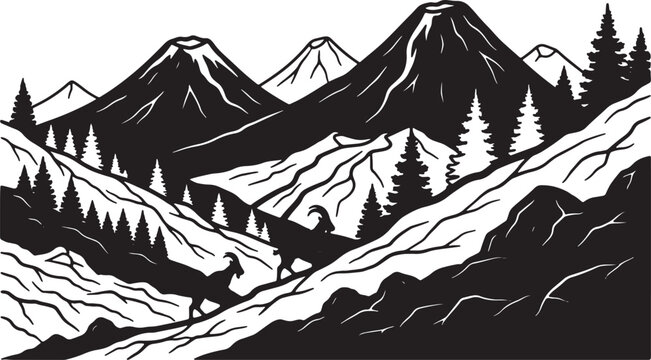 Black and white silhouette illustration of a mountain landscape with towering volcanic peaks, dense pine forests, and wild mountain goats navigating the rugged rocky terrain.