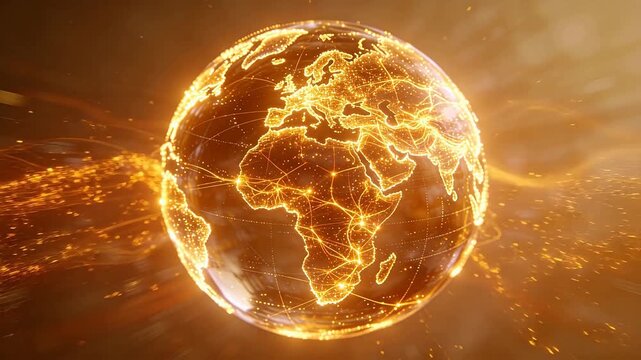 Glowing globe with golden outlines and connection lines on warm gradient background