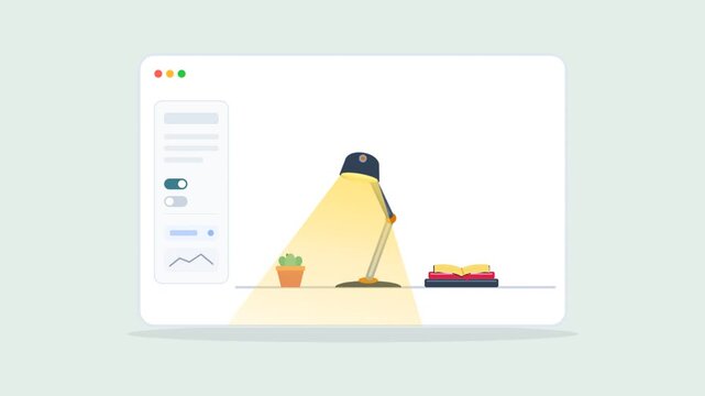 Animated dashboard interface with moving desk lamp and cactus