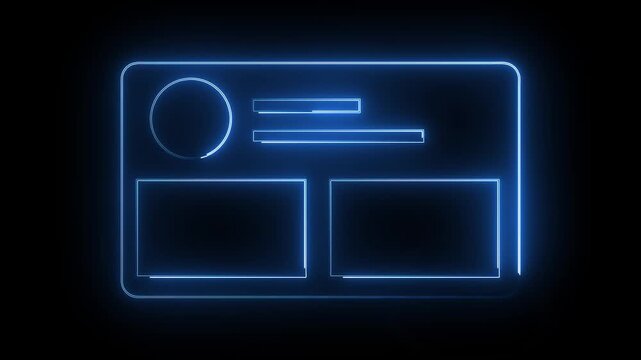 blue neon glowing wireframe ui card layout with hud tech lines.