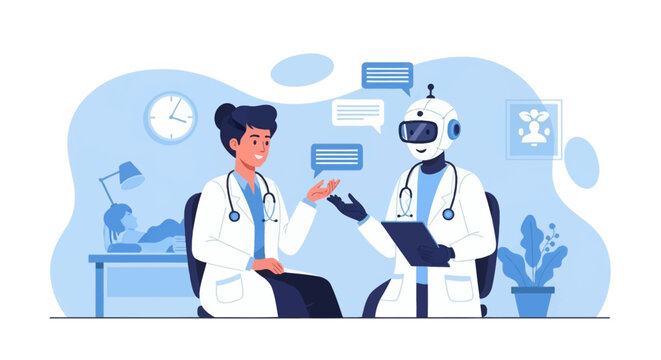Flat vector illustration of a female doctor talking with a humanoid robot doctor wearing a lab coat and stethoscope, featuring speech bubbles, digital tablet, and clinic office.