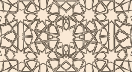 Fototapeta premium Intricate Islamic geometric pattern with interlocking dark brown lines on a cream background, featuring star and polygon motifs in a seamless traditional Arabic girih style design.