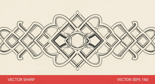 Islamic inspired interwoven geometric border pattern with symmetrical black line art and interlocking diamond shapes on a light cream background for decorative design elements.