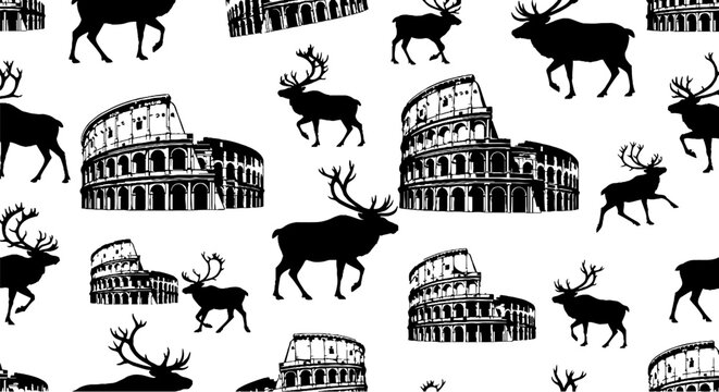 Black Silhouette Reindeer and Roman Colosseum Pattern Design.