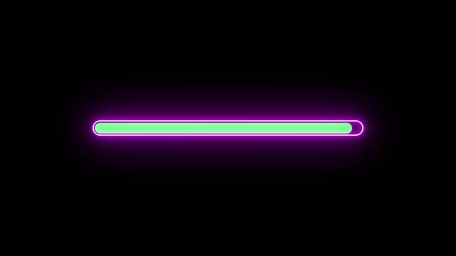 neon progress bar UI screen, glowing system processing indicator, buffering and waiting interface for apps. neon glowing loading bar progress indicator animation 4k video.