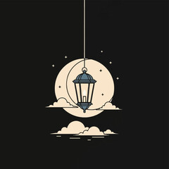 Fototapeta premium Minimalist vector illustration of a hanging lantern with a lit candle, featuring a full moon, crescent moon silhouette, stars, and stylized clouds on a plain black background.