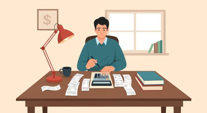 Vector illustration of a man sitting at a desk using a calculator to manage personal finances with scattered receipts, a red desk lamp, coffee mug, and books in a home office room.