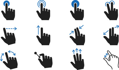 Fototapeta premium touch screen gesture vector icon set isolated hand cursor finger swipe click zoom flat graphic illustration
