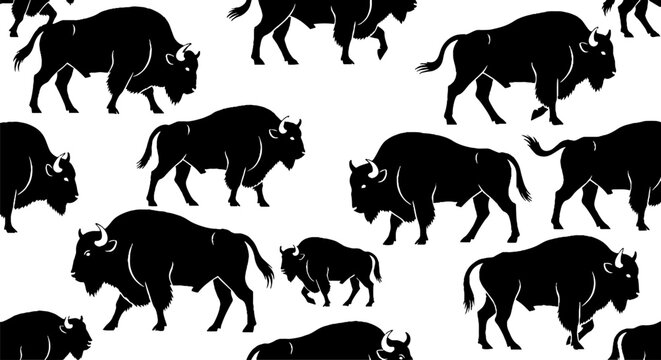 Black and white bison herd repeating pattern illustration.