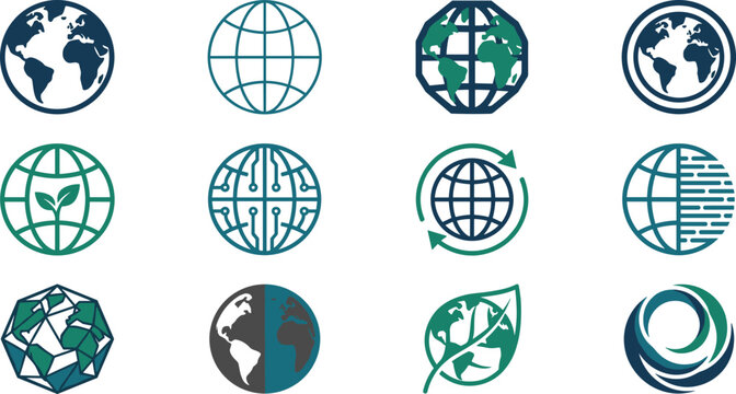 globe vector icon set isolated world map earth planet circuit tech leaf eco geometric flat logo illustration
