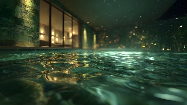 Ultra realistic view of floating calmly in jade-colored spa water at night, camera placed right above the water surface with clear water line, soft ripples and soft reflections in the foreground