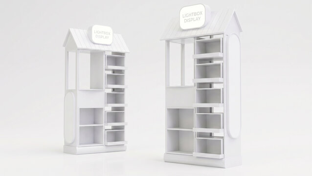 Elegant white retail display shelf with a built in lightbox top, perfect for showcasing products in stores and shopping malls. Modern design ideal for branding, promotions, and visual merchandising.