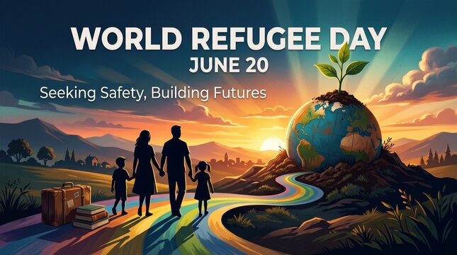 The silhouette of refugee families and newborn saplings represent the theme of World Refugee Day calling for attention to refugees, seeking safety, and rebuilding the future. 