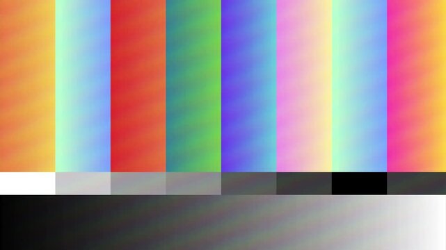 Classic video test pattern showcasing vibrant color bars and a precise grayscale gradient for display calibration and signal verification