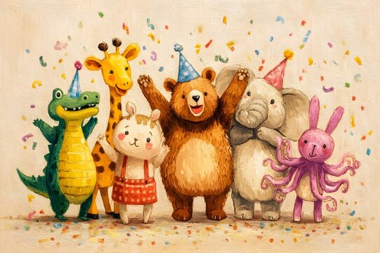 Oil painting watercolor on paper, colorful forest animals jiraffe cocodrile bear rabbit and octupus celebrating in a party with confeti, beige background