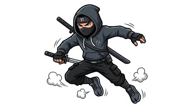 Stealthy dark ninja character in hoodie with dual katana swords illustration character assassin illustration mysterious combatant movement training traditional