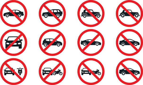 no parking vector icon set isolated vehicle car forbidden ban restriction traffic road flat graphic illustration