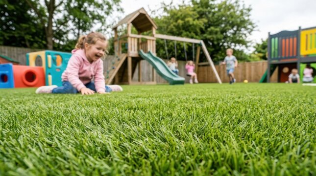 Close-up view of vibrant green artificial turf with a long pile design installed in a children's playground featuring a wooden playset, slide, and blurred kids playing in a backyard.