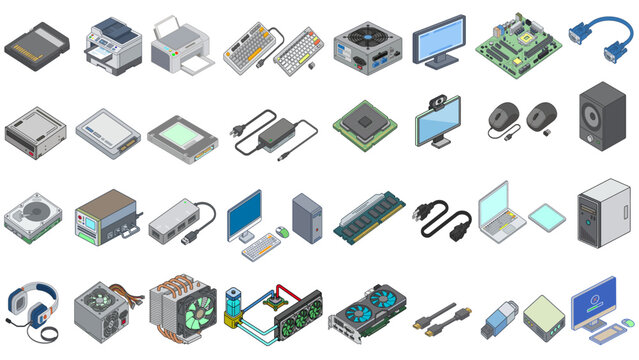 Collection of isometric computer hardware components and electronic devices