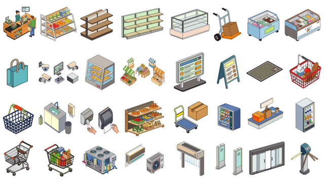 Isometric Grocery Store and Supermarket Elements Collection