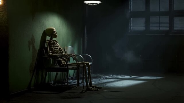 Eerie Skeleton Sitting in a Dark Haunted Room with Ghostly Apparition.