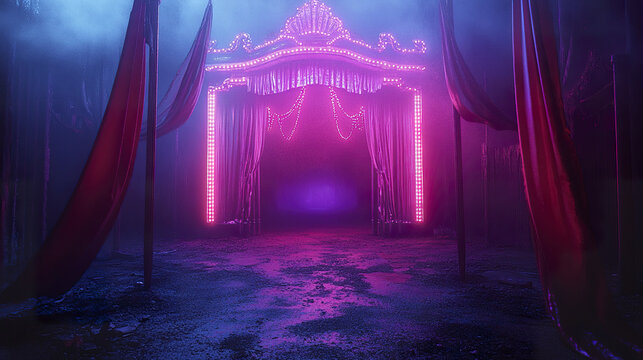 Cursed eerie circus entrance glowing with neon pink lights and draped red curtains in foggy dark atmosphere creating mysterious and haunting mood