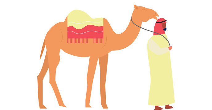 A colorful illustration of a camel and its handler in desert attire