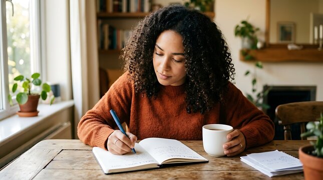 A young woman sitting at a wooden table, writing in a notebook and holding a mug of coffee in her hand, bathed in natural light from a nearby window