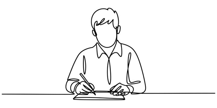 Man writing in a notebook continuous line drawing