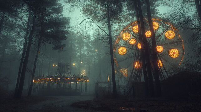 Abandoned amusement park foggy forest eerie glowing ferris wheel carousel night mysterious atmosphere