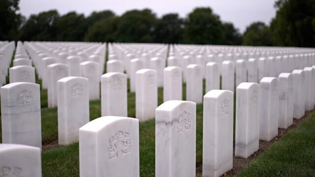 Rows of White Marble Headstones in a Military Cemetery on a Cloudy Day