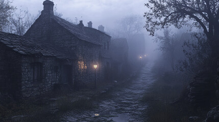 Fototapeta premium Eerie foggy village with abandoned stone houses along narrow wet path illuminated by old street lamps, surrounded by bare trees and dense mist creating mysterious atmosphere