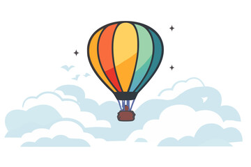 Fototapeta premium Colorful hot air balloon floats above soft white clouds with birds and stars, symbolizing travel, freedom, adventure and dreams in a bright vector illustration on transparent background.