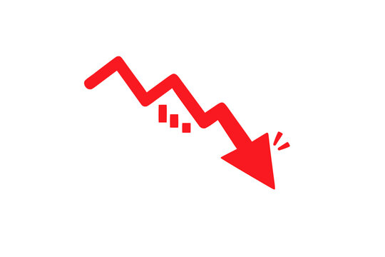 Red zigzag arrow pointing downward with small bar chart marks, symbolizing market crash, financial decline, recession, loss, crisis and negative trend vector isolated on transparent backdrop.