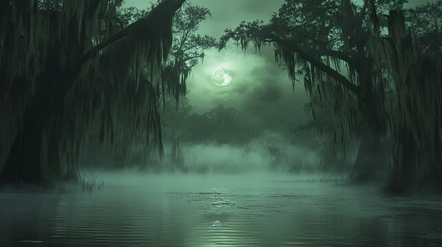 Eerie swamp with glowing green mist and gnarled trees under full moon, creating mysterious and haunting atmosphere in dark water landscape