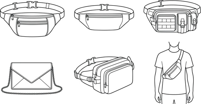 Waist Bag and Crossbody Bag Collection with Belt Pouch Sling Pack and Tactical Fanny Pack Line Art Vector Illustration Set